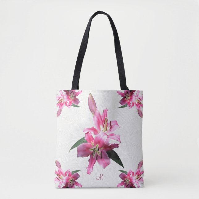 Bolsa Tote Flores feitas sob encomenda dos lírios do rosa do (Frente)