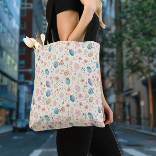 Bolsa Tote Flores Folhas Ovos de Páscoa em Aquarela Vintage