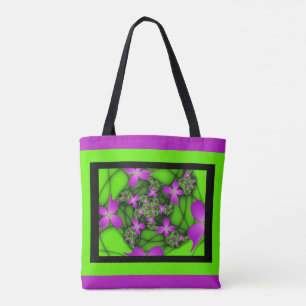 Bolsa Tote Flores Fractais Abstratas Modernas Rosa Verde Neon