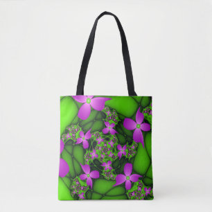 Bolsa Tote Flores Fractais Abstratas Modernas Rosa Verde Neon