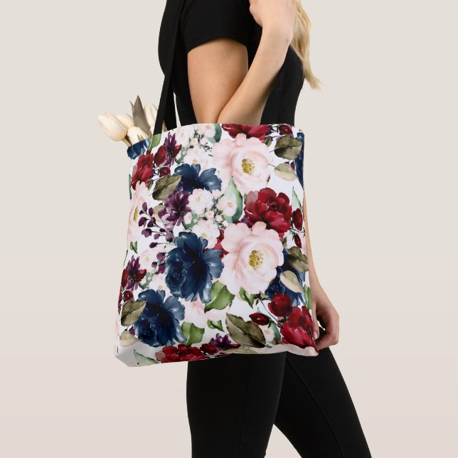 Bolsa Tote Flores H2 PixDezines Blush Burgundy Marinho (Close Up)