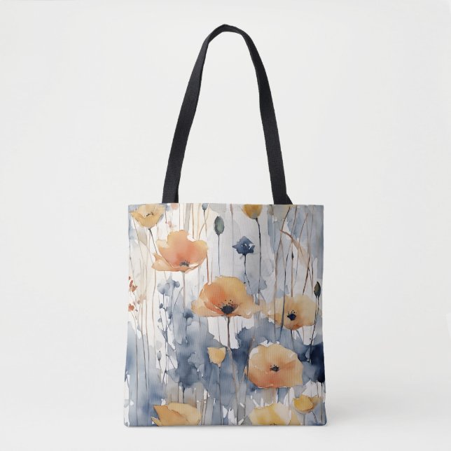 Bolsa Tote Flores Laranja De Cor Maranja Azul Design 347 (Frente)