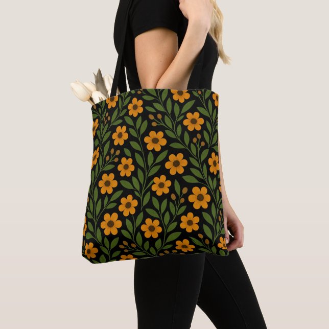 Bolsa Tote Flores Laranja e Folhas Verdes  (Close Up)