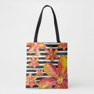 Bolsa Tote Flores Laranja em faixas Pretas