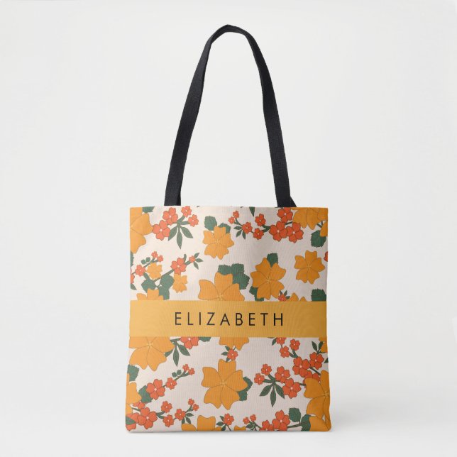 Bolsa Tote Flores Laranja, Padrão De Flores, Seu Nome (Frente)