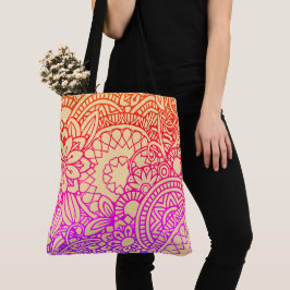 Bolsa Tote Flores Laranja Roxo e Fundo de Pêssego Suave