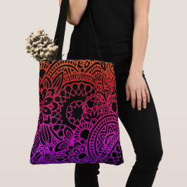 Bolsa Tote Flores Laranja Roxo e Fundo Preto