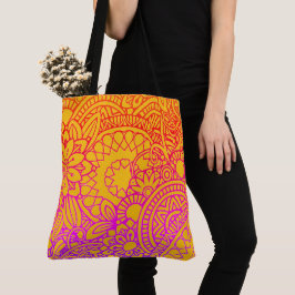 Bolsa Tote Flores Laranja Roxo e Sacola de Fundo Amarelo