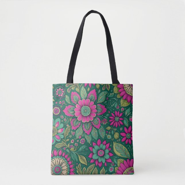 Bolsa Tote Flores Mandala Brilhante rosa verde (Frente)