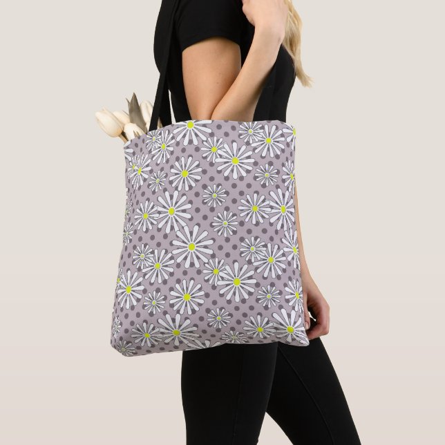 Bolsa Tote Flores margaridas brancas numa bolinhas castanha b (Close Up)