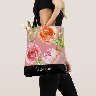Bolsa Tote Flores Modernas com Monograma de Script Feminina