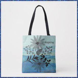 Bolsa Tote Flores Modernas em Fundo Azul Sonhador