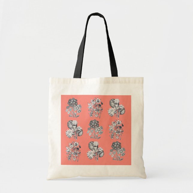 Bolsa Tote Flores monocromáticas em fundo de coral (Frente)