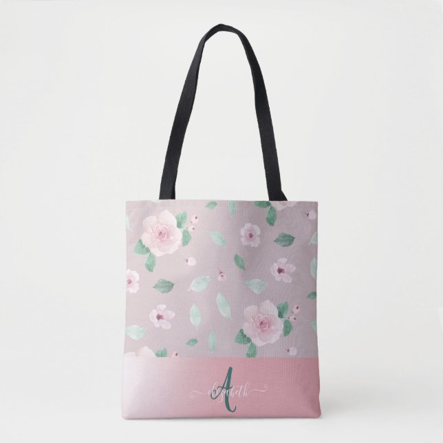 Bolsa Tote Flores Monograma em Aquarela Chic (Frente)