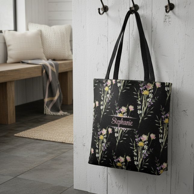 Bolsa Tote Flores Negras Modernas Flores Selvagens Jogam Pílu (Criador carregado)