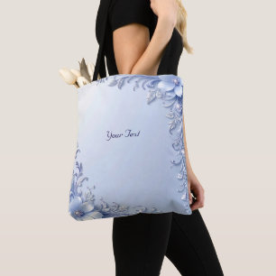 Bolsa Tote Flores Ornamentadas Azuis com Pérolas