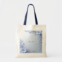 Bolsa Tote Flores Ornamentadas Azuis com Pérolas