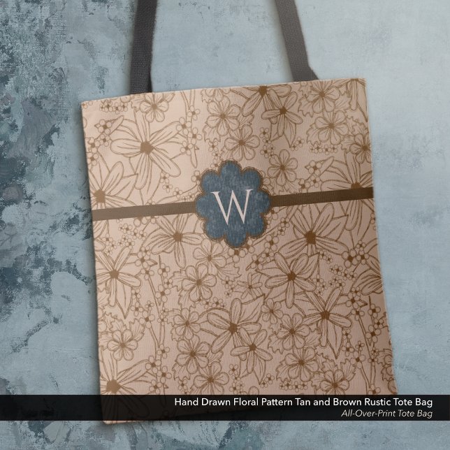 Bolsa Tote Flores-País: Tom e Marinho Azul Monograma (Tote Bag: Rustic Hand Drawn Floral Pattern in Tan and Brown with Distressed Navy Blue Monogram.)