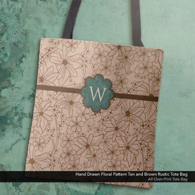 Bolsa Tote Flores-País: Tom e Monograma Verde Caçador (Tote Bag: Rustic Hand Drawn Floral Pattern in Tan and Brown with Distressed Forest Green Monogram.)