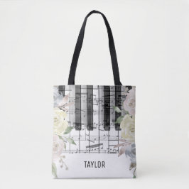 Bolsa Tote flores pálidas notas musicais piano