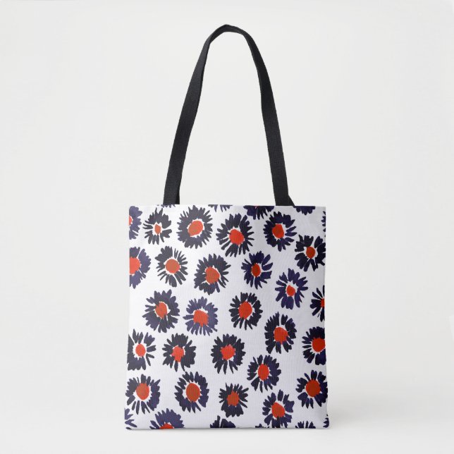 Bolsa Tote Flores pintadas à mão, padrão vermelho e azul. (Frente)