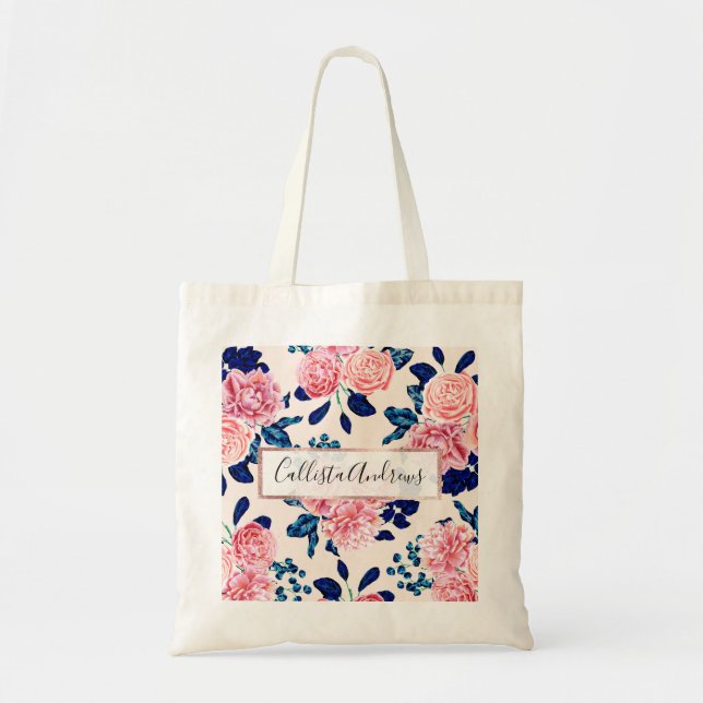 Bolsa Tote Flores pintadas de Marinho azul-rosa-menina (Frente)