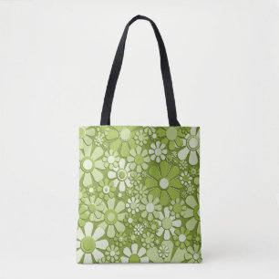 Bolsa Tote Flores Plásticas Retro 60s 70s Impressão Verde Flo