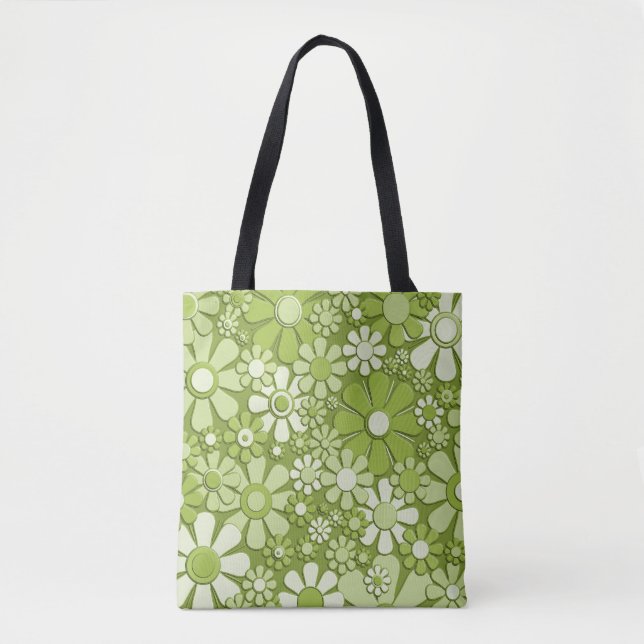 Bolsa Tote Flores Plásticas Retro 60s 70s Impressão Verde Flo (Frente)