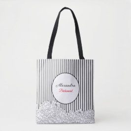 Bolsa Tote Flores Pretas e Brancas com Listras de Damas de Ho