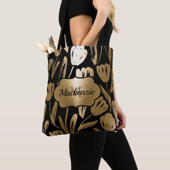 Bolsa Tote Flores Pretas e Ouros (Close Up)