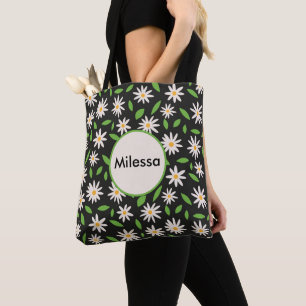 Bolsa Tote Flores Retro Daisy em Nome Personalizado Preto