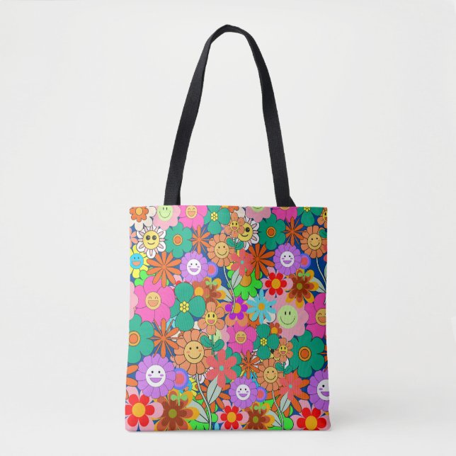 Bolsa Tote Flores Retro Groovy Boho Hippie (Frente)