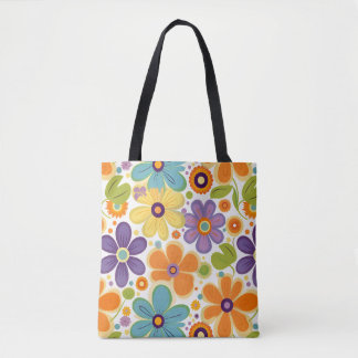 Bolsa Tote Flores Retro Laranja Lilac e Verde