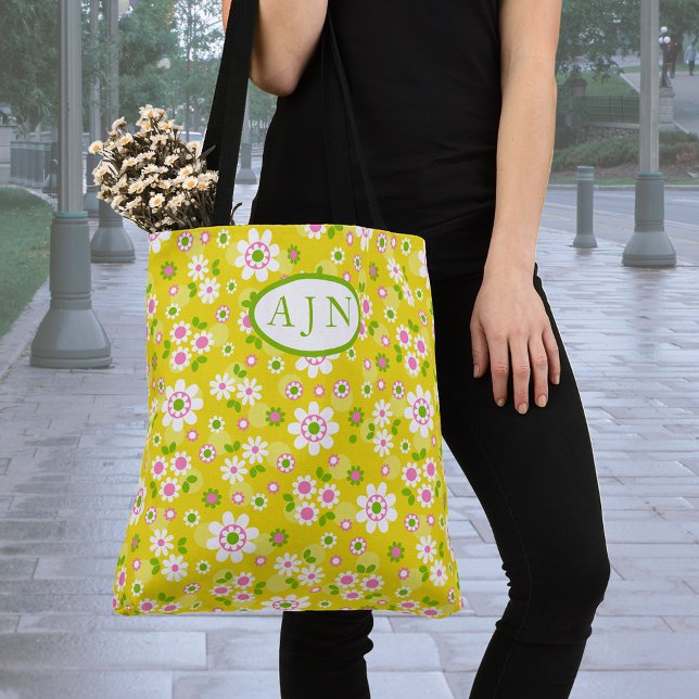 Bolsa Tote Flores Retro Mod Amarelo & Branco Monograma (Criador carregado)