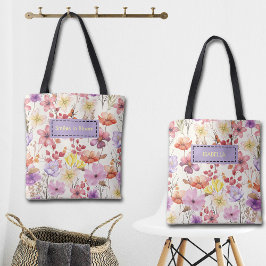 Bolsa Tote Flores Românticas em Aquarela Nome e Citação Perso