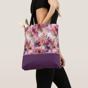Bolsa Tote Flores Rosa e Roxo Bloco de Cor Tinta Álcool