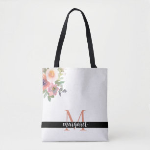 Bolsa Tote Flores Rosa Personalizadas Monograma Moderno Elega
