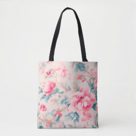 Bolsa Tote Flores rosa suaves e folhas cerulanas