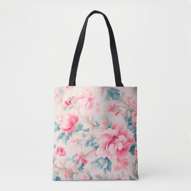 Bolsa Tote Flores rosa suaves e folhas cerulanas (Frente)