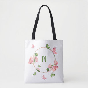 Bolsa Tote Flores rosas românticas verde