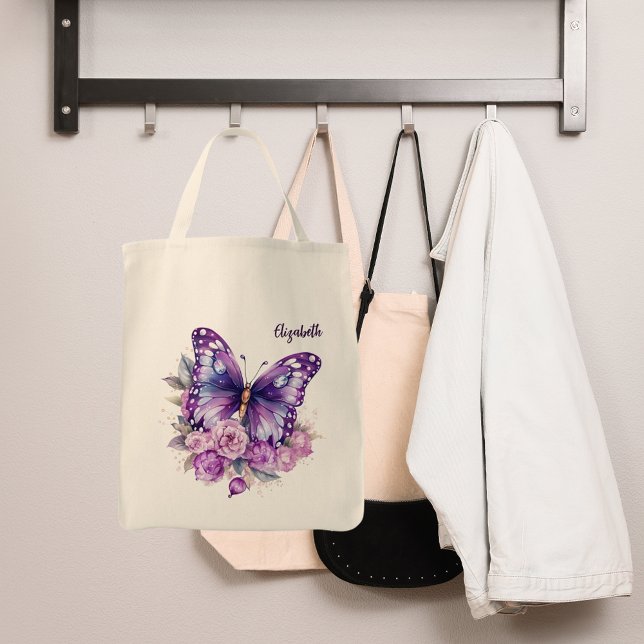 Bolsa Tote Flores roxas borboletas cor-de-rosa (Criador carregado)