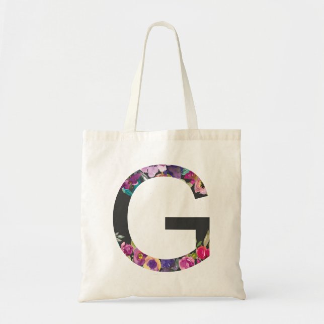 Bolsa Tote Flores Roxas Botânicas - Letra G Monograma (Frente)