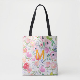 Bolsa Tote Flores roxas, cor-de-rosa, cor-de-água, chic