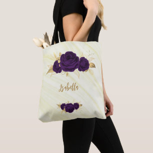 Bolsa Tote flores roxas douram folhas de bolinho