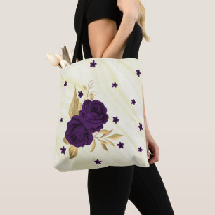 Bolsa Tote flores roxas douram folhas de bolinho
