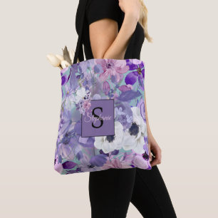 Bolsa Tote Flores Roxas E Violetas E Monograma