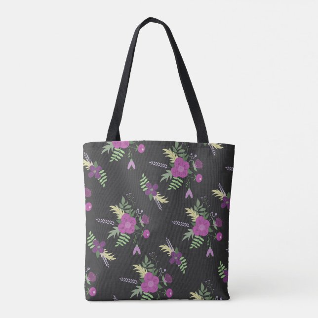 Bolsa Tote Flores Roxas Elegantes Arte a Preto (Verso)