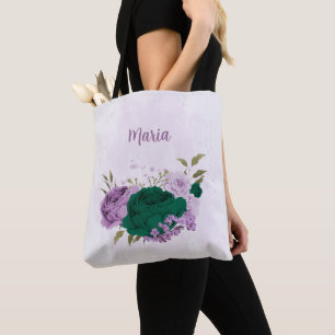 Bolsa Tote flores roxas esmeraldas