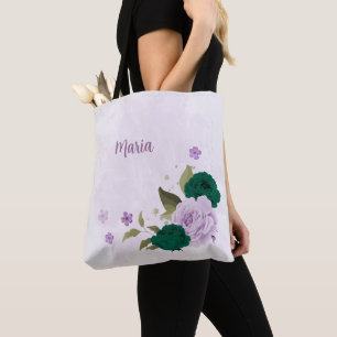 Bolsa Tote flores roxas esmeraldas