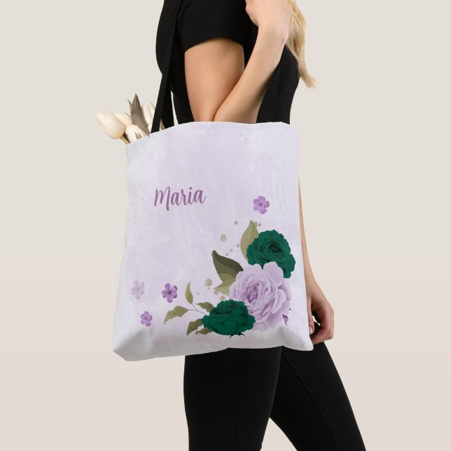 Bolsa Tote flores roxas esmeraldas (Close Up)